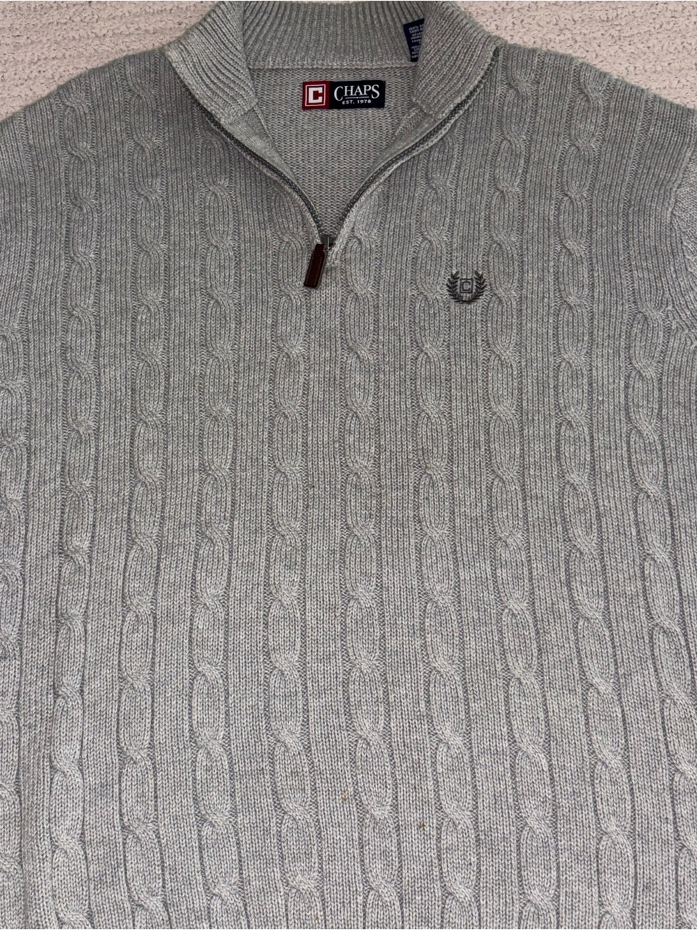 Chaps Grey Cable Knit 1/4 Zip Sweater Pullover Cotton Crest Logo Large